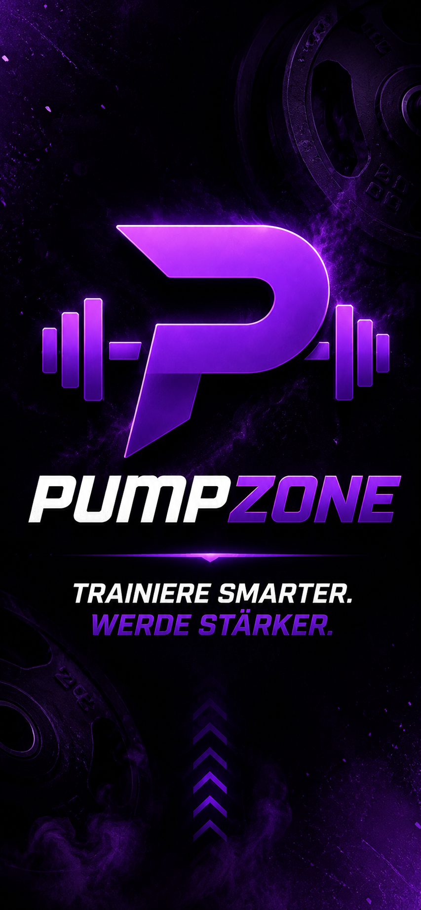 PumpZone Startbildschirm mit dem Motto Trainiere smarter. Werde stärker.